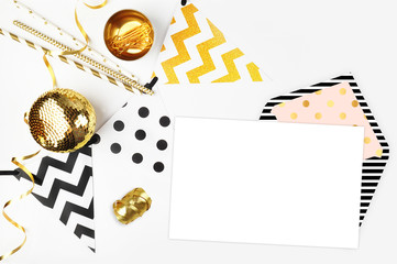 Xmas background. Decor table view. Flat Lay. Party mockup. Gold items