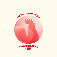 Happy New Year Greeting Card. Minimalistic Red Rooster Symbol or Icon with Modern Typography.