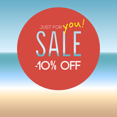 Summer sale badge with percentage on blurred background with seaside. Designed text.