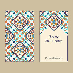 Vector business card template. Portuguese, Moroccan, Azulejo, Arabic, asian ornaments