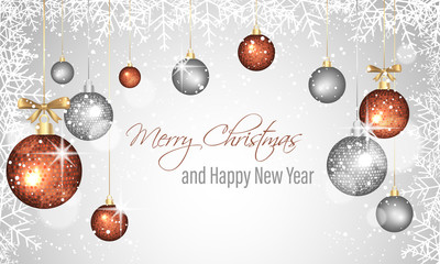 Christmas and New Year greeting card with decorative hanging baubles, snowflakes frame and stars.