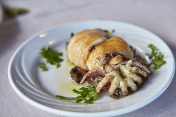 Grilled squid at restaurant on the white plate