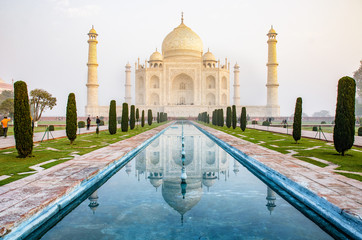 The Taj Mahal is an ivory-white marble mausoleum on the south ba