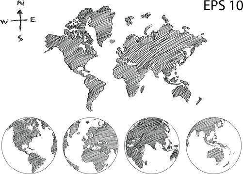 Earth Globe with World map Detail Vector Line sketch Up Illustrator, EPS 10.