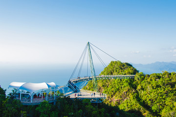 Sky bridge, view from cable car, Langkawi Malaysia. Tourist attraction, travel, vacation and adventure holiday concept. Copy space - obrazy, fototapety, plakaty
