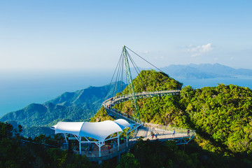 Breathtaking aerial view with cable-stayed bridge, symbol Langkawi, Malaysia. Adventure holiday. Modern technology. Tourist attraction. Travel concept.