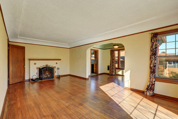 Empty living room interior of tudor style home