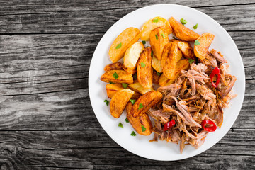 portion of pulled slow-cooked meat with fried potato wedges
