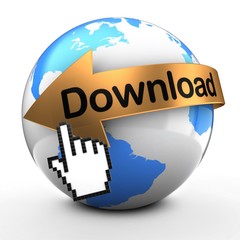 3d illustration of Earth globe on white back  with download text on golden arrow