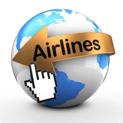 3d illustration of Earth globe on white back  with airlines text on golden arrow