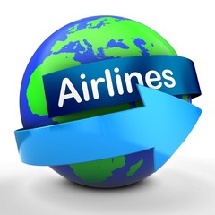 3d illustration of world globe over white  with airlines text on blue banner