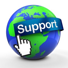 3d illustration of world globe over white  with support text on blue banner