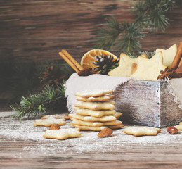 Christmas or new year gingerbread cookies in a wooden box
