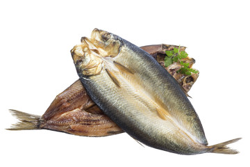 Smoked herring on a white background