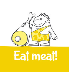 neanderthal cartoon man with pork ham. concept vector illustrati