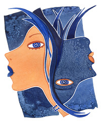 Gemini-girl, Face girl as astrology symbol Gemini on a pattern background