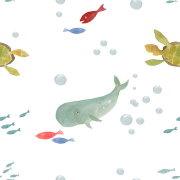 Seamless pattern of turtle and whale on a white background, wate