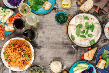 Frame from variety of Italian dishes and snacks with wine
