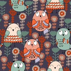 Obraz premium Vector seamless pattern with owls and flowers