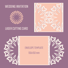 DIY laser cutting vector envelope. Wedding die cut invitation template. Cutout silhouette card. Fretwork envelope. Paper cutting. Scrapbook cutout template.