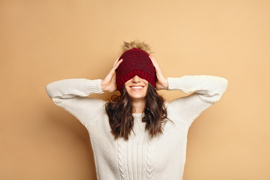 Happy Young Caucasian Brunette Woman In Winter Outfit