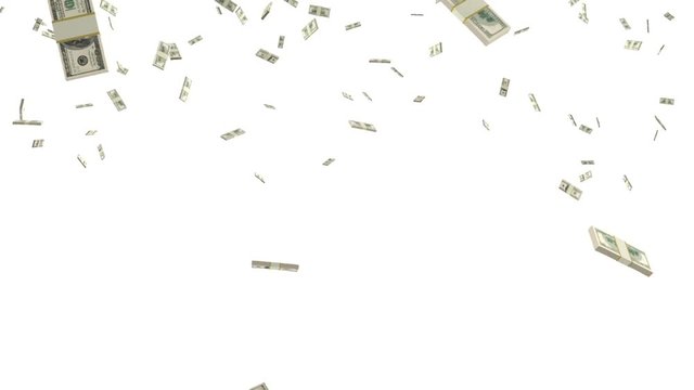 Bundles of hundred dollar bills falling to the bottom on a white background. Video contains alpha channel. 