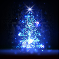 Vector abstract lighting blue technology Christmas tree made of digital electronic circuit board and microchip - obrazy, fototapety, plakaty