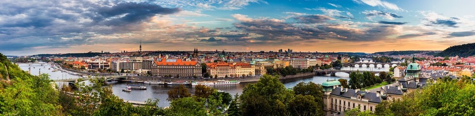 Naklejka na ściany i meble Panorama of Prague with Vltava river and Prague Bridges, high resolution image.