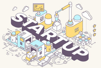 Vector illustration of word startup and three dimensional mechan