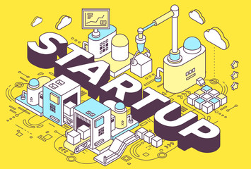 Vector illustration of word startup and three dimensional mechan