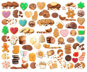 Set of delicious cookies on white background