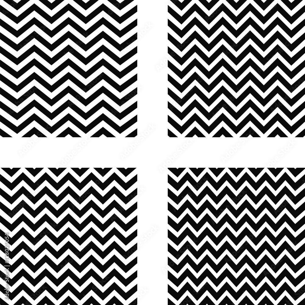 Poster set of seamless zigzag pattern, a zigzag pattern with four black curving stripes, lines curve with a different frequency vector for textiles