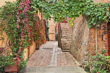 Pienza, Siena, Tuscany, Italy: picturesque alley in the old town - obrazy, fototapety, plakaty