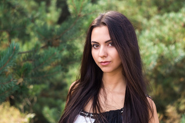 Naklejka premium Graceful charming brunette model posing in black dress in coniferous park