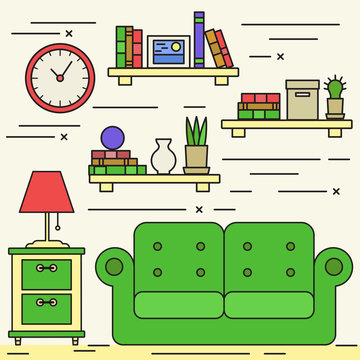 Livin room thn line art interior in color with bookshelves sofa lamp flowers