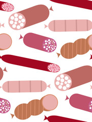 Delicatessen Sausage seamless pattern. Tasty spicy salami, pepperoni, bologna and smoked pork sausages, bacon slices, ham, roast beef and raw beef steak in cartoon style, for butcher shop design
