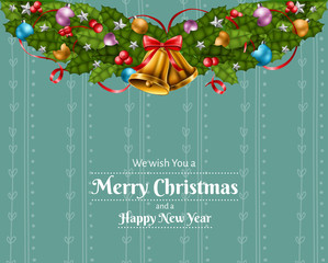 Christmas frame with garland, made from berry, leaf, baubles, star, bell, ribbon. Frame for Christmas greeting card.
