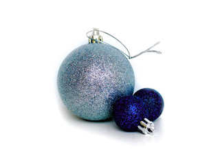 New year, Christmas toys on the Christmas tree blue and silver isolated on white background