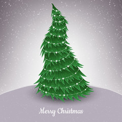 Christmas tree vector illustration, decorated with lights, in snowfall. For Christmas greeting card