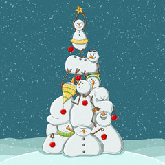 Group of snowmen forming a Christmas tree clambering on each other, decorated with baubles and star