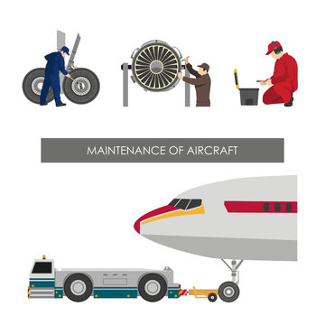 Repair and maintenance of aircraft. Set of images with engineers