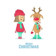 Reindeer and little girl . Reindeer with red nose eating candy. Flat Vector Illustration.