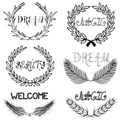 Hand drawn retro flourish laurel set of branches and wheats with had written lettering made in vector. Vintage Postcard, greeting card, poster, banner design template.