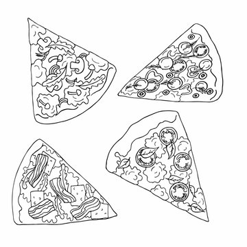Slices of pizza on white background. Cartoon sketch drawn by ink. Hand drawn vector illustration.