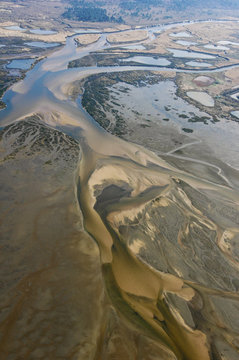 Aerial of sand dunes in Domaine de Certes, Arcachon