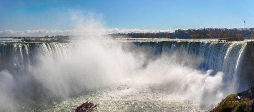 Touristic boat on Niagara falls. Panorama of Horseshoe waterfall Canada side