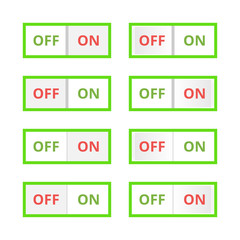 Set of colorful toggle switch icons. Switch buttons. On and Off position. Vector user interface set including switches.