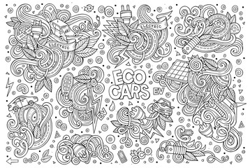 Line art vector doodle cartoon set of Electric cars objects