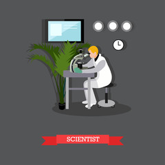 Vector illustration of scientist looking through microscope in flat style