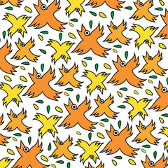 Naklejka premium Tropical birds pattern, yellow and orange. Vector illustration isolated in white background